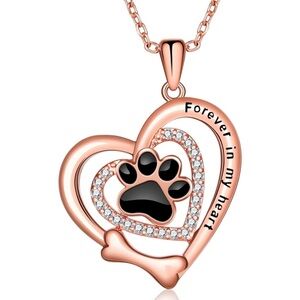 14k Gold Heart Diamond Paw Print Dog Bone Necklace